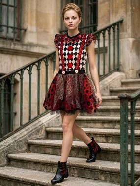 Red and Black Harlequin Mini Dress with Ruffled Tulle Skirt